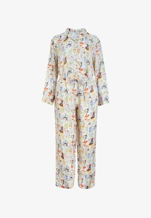 Floral-patterned loungewear set in soft fabric, featuring a collared top and elastic waist pants with long sleeves and relaxed fit.