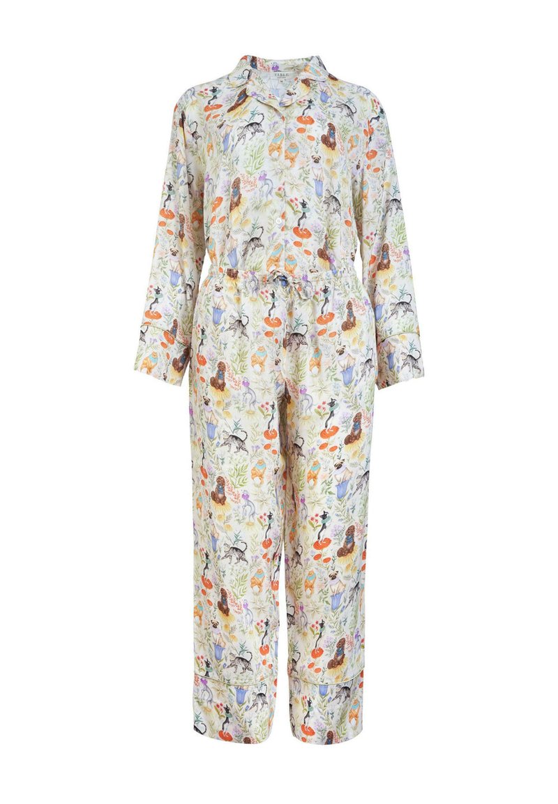 Loungewear set s cvjetnim uzorkom od mekog materijala, s košuljom s ovratnikom i hlačama s elastičnim strukom, dugim rukavima i opuštenim krojem.