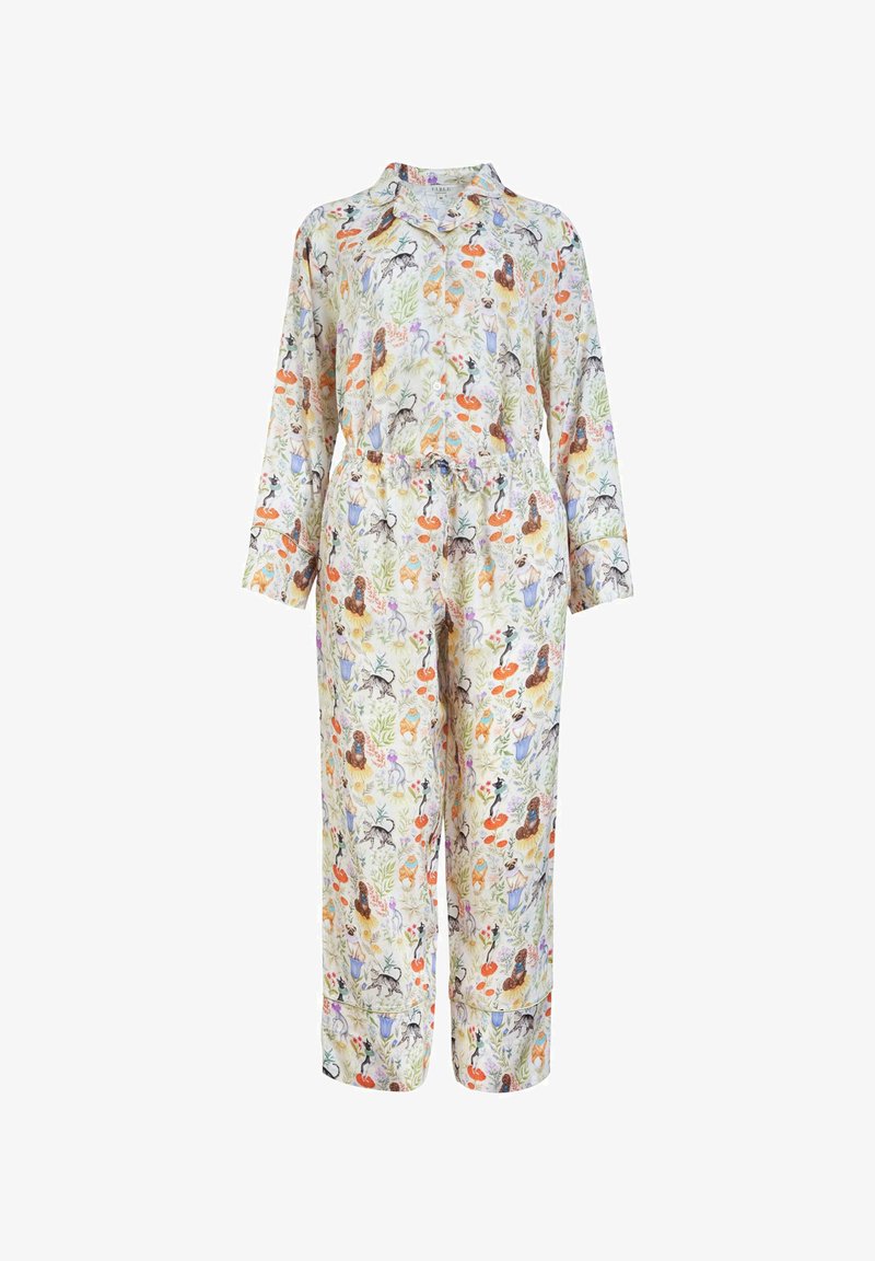 Floral-patterned loungewear set in soft fabric, featuring a collared top and elastic waist pants with long sleeves and relaxed fit.