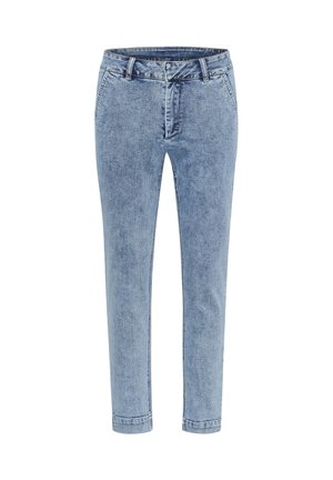 Light blue denim jeans with a slim fit, featuring a standard waistband, front pockets, and a smooth texture. No visible patterns or accents.