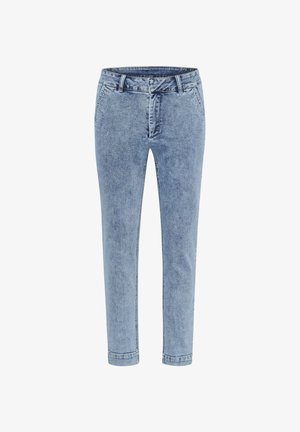 Lysblå denim jeans med slim fit, med en standard talje, forlommer og en glat overflade. Ingen synlige mønstre eller detaljer.