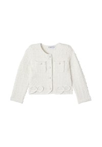 Cardigan bianco testurizzato con maniche lunghe, scollatura rotonda, tasche frontali, bottoni perla e accenti decorativi a fiocco all'orlo.