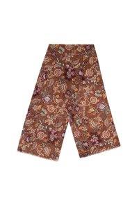Sciarpa floreale marrone con motivi multicolore di fiori e foglie. Tessuto morbido, bordi frangiati, forma rettangolare, design dettagliato.