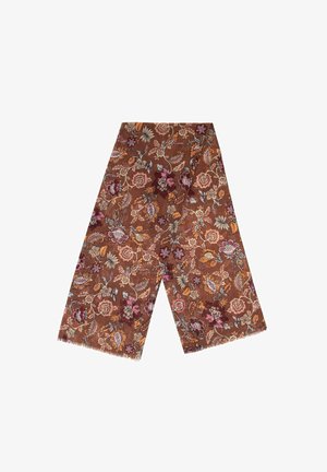 Écharpe florale marron avec des motifs de fleurs et de feuilles multicolores. Tissu doux, bords frangés, forme rectangulaire, design détaillé.