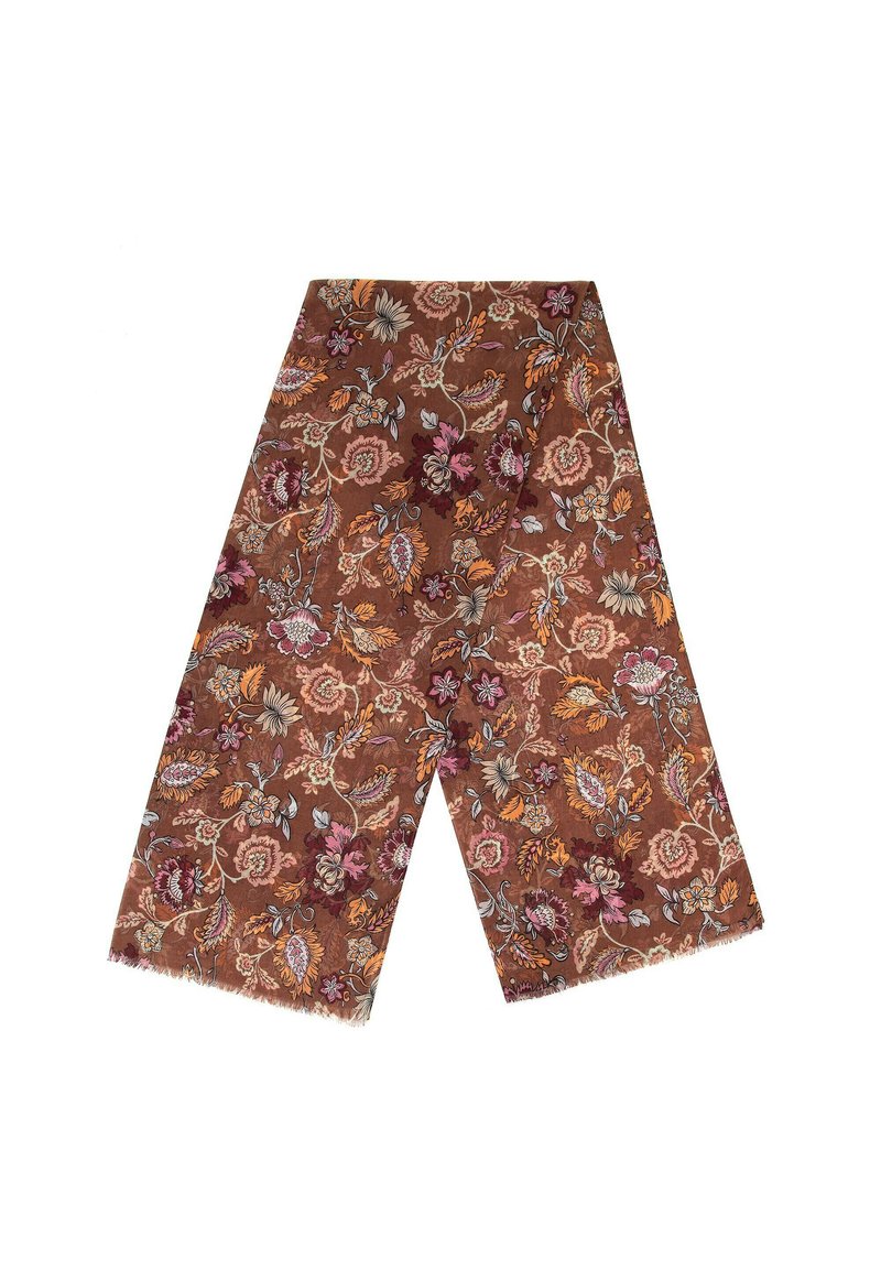 Sciarpa floreale marrone con motivi multicolore di fiori e foglie. Tessuto morbido, bordi frangiati, forma rettangolare, design dettagliato.