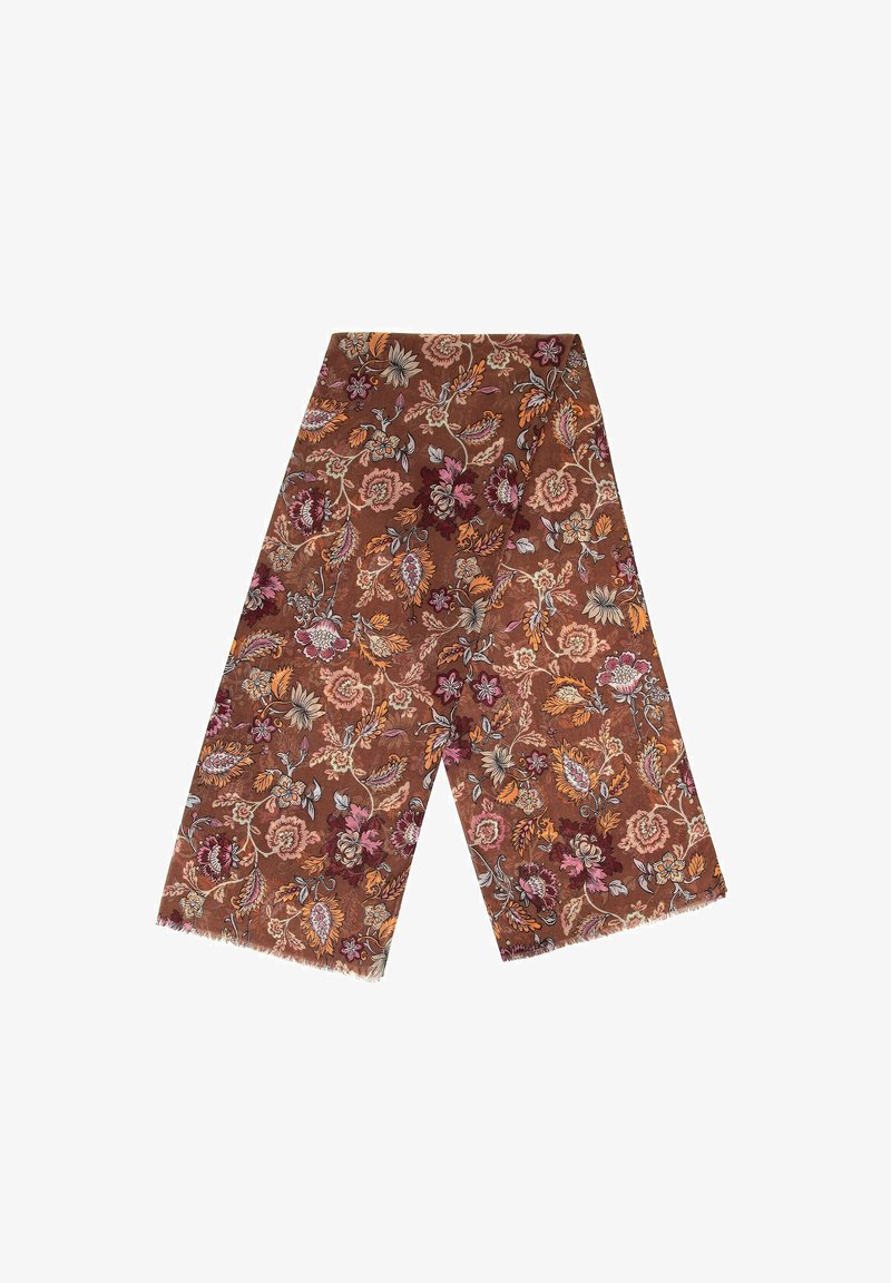 Écharpe florale marron avec des motifs de fleurs et de feuilles multicolores. Tissu doux, bords frangés, forme rectangulaire, design détaillé.