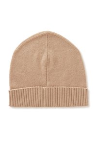 Beige pletená čepice s žebrovaným lemem, měkkou texturou a zaobleným vrcholem. Materiál je lehký a pružný, vhodný pro různé velikosti hlavy.