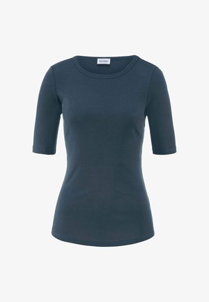 Marineblaues T-Shirt mit kurzen Ärmeln und rundem Halsausschnitt, aus einem glatten, dehnbaren Stoff, mit taillierter Passform und sauberen Kanten.