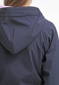 Vrouw in een donkerblauwe, met een capuchon, jack gezien van achteren, met lange lichtbruine haren die gedeeltelijk zichtbaar zijn.