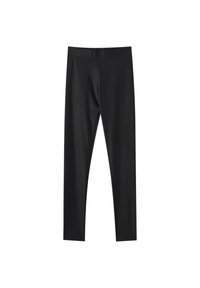 Zwarte legging gemaakt van een soepel, rekbaar materiaal met een aansluitend ontwerp en een elastische tailleband, zonder zichtbare patronen of accenten.