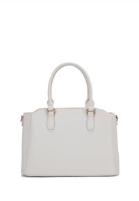 Borsa in pelle bianca con manici arrotondati, forma rettangolare e accessori in tono oro. Texture liscia e design minimalista. Chiusura con zip.
