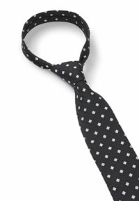 Svart fluga med ett geometriskt mönster av vita rutor och prickar, med en slät textur och standard triangulär form.