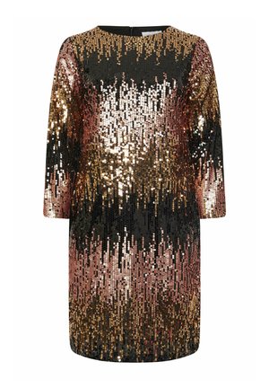 Langärmliges, mit Pailletten besetztes Kleid mit Ombre-Effekt, der von Schwarz zu Gold, Roségold und Kupfer übergeht. Runder Ausschnitt und Reißverschluss im Rücken.