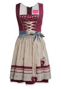 Robe dirndl bavaroise, corsage rouge à motifs avec laçage, jupe beige avec détails en forme de cœur, broderie florale, et ceinture en ruban de satin.