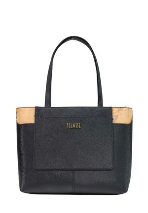 Zwarte tote bag met een gestructureerd oppervlak, beige hoekaccenten, lange hengsels en een gouden "1a CLASSE" logo op het voorvak.