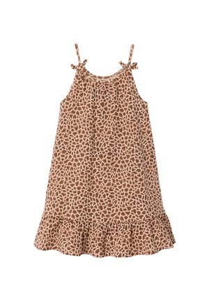 Ärmelloses Kleid mit braun-beigem Giraffenmuster, dünnen Schulterbändern und gerüschtem Saum, für den Freizeitgebrauch entworfen.