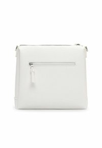 Hvid kosmetikpose med tekstureret, pebble-lignende finish. Har lynlås øverst og en lynlåslomme foran med en lille trækfane.