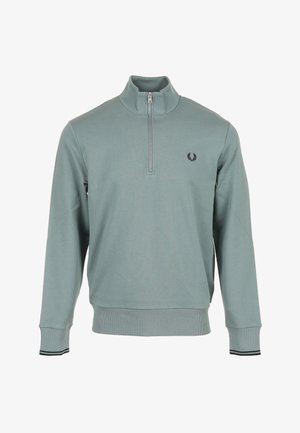 Lichtteal zip-up sweatshirt met een geribbelde kraag en manchetten, voorzien van een zwart logo op de borst en contrasterende bies aan de mouwen.