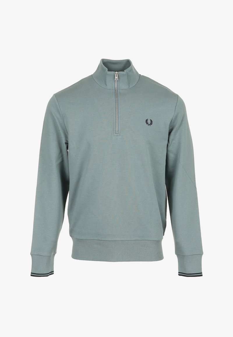 Felpa con zip color turchese chiaro con colletto e polsini a costine, caratterizzata da un logo nero sul petto e da un bordo a contrasto sulle maniche.