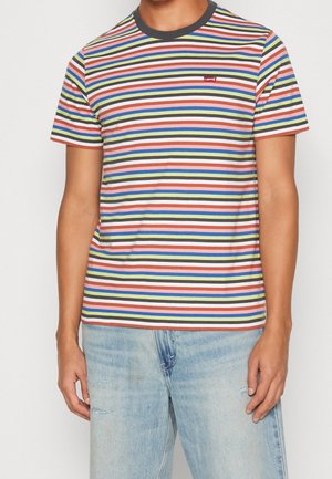 Striped t-shirt in various colors including red, blue, green, and pink. Features a round neckline and a small Levi's logo on the chest.