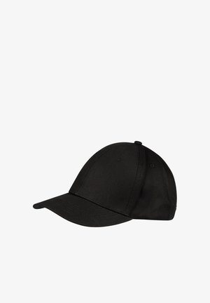 Black baseball cap with a rounded crown, curved visor, and solid fabric. Features six ventilation eyelets and a stitched brim.