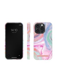 Coque de téléphone avec un design marbré dans des couleurs pastel, finition brillante, découpes pour la caméra et les boutons, et un logo en bas.