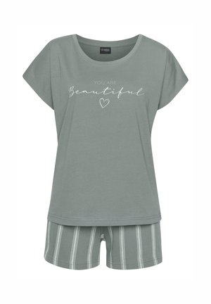 Green short-sleeve top with "You Are Beautiful" text and heart illustration paired with green and white striped shorts.