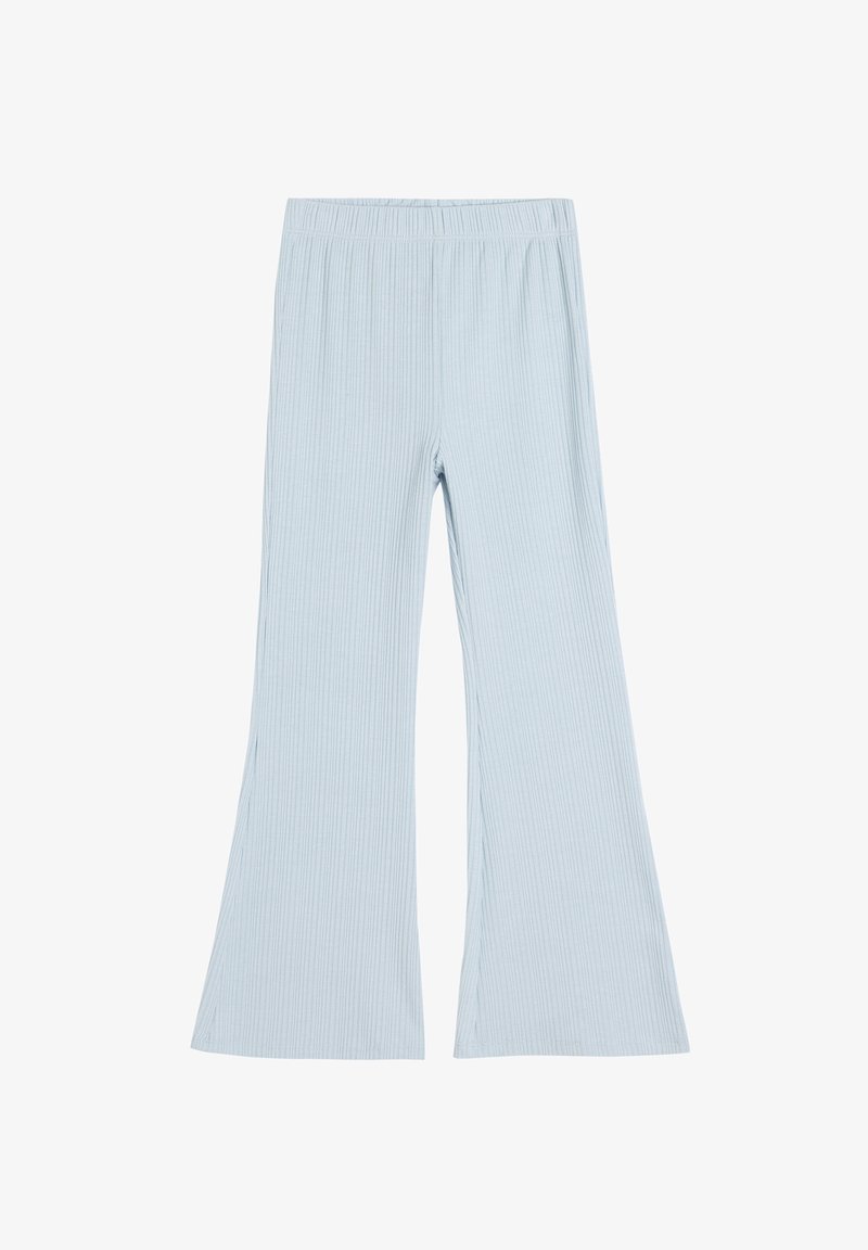 Pantalons évasés en tissu côtelé bleu clair avec une taille élastique et des fentes sur l'ourlet.