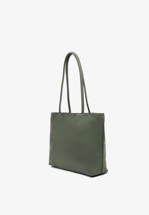Borsa a tracolla rettangolare verde con doppie cinghie lunghe, texture liscia e design minimalista.