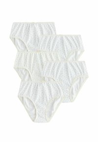 Vijf paar witte damesonderbroeken met kleine bloemenprints in verschillende kleuren, overlappend gerangschikt op een witte achtergrond.