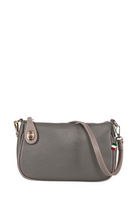 Gray leather crossbody bag with a pebbled texture, gold hardware, and a detachable strap. Features an Italian flag accent.