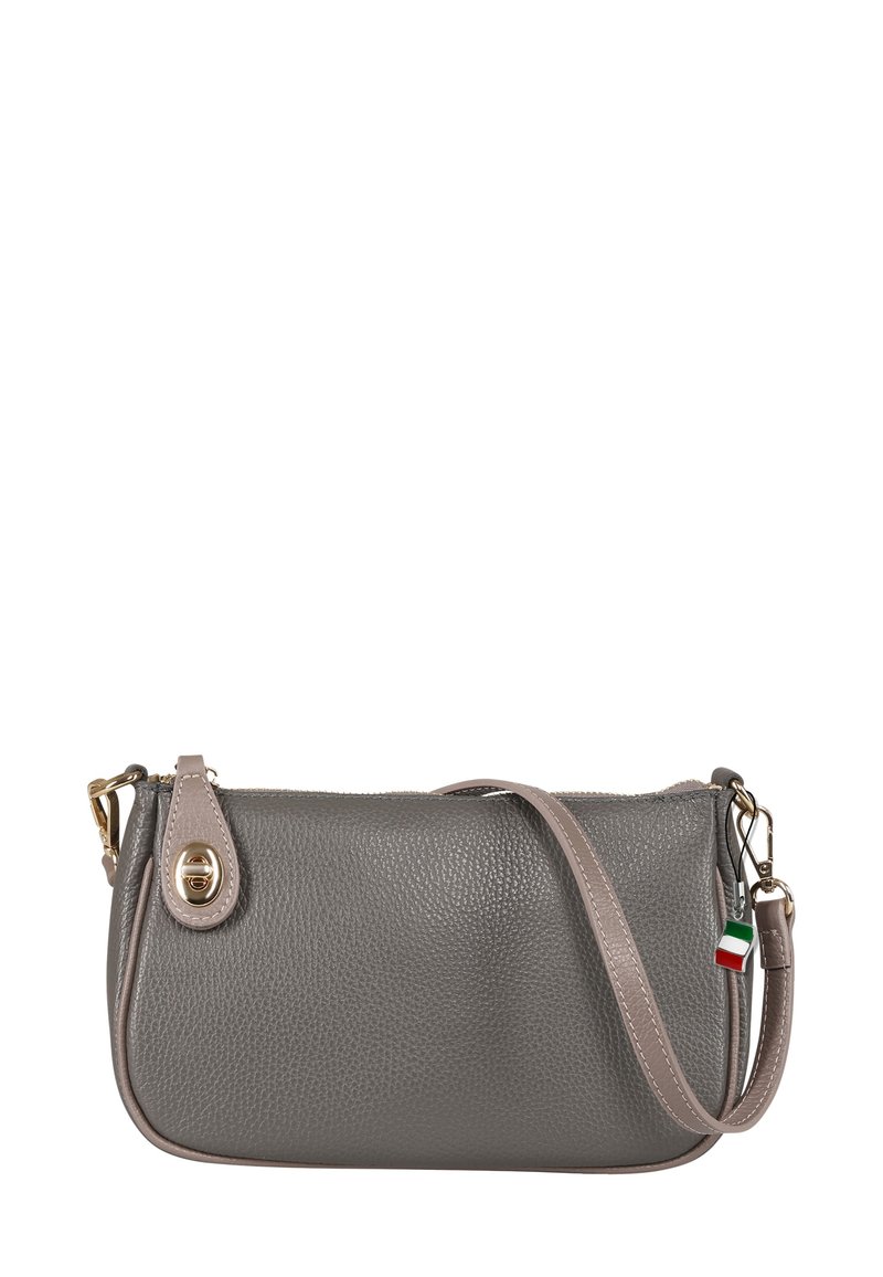 Gray leather crossbody bag with a pebbled texture, gold hardware, and a detachable strap. Features an Italian flag accent.