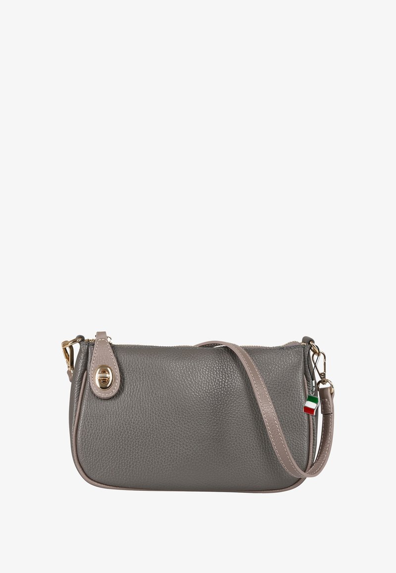 Gray leather crossbody bag with a pebbled texture, gold hardware, and a detachable strap. Features an Italian flag accent.