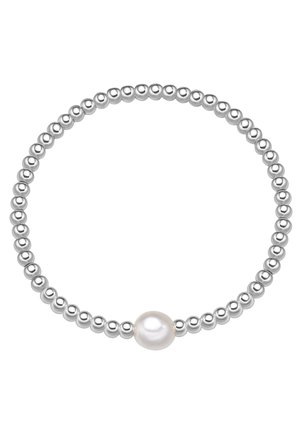 Silberne Perlenarmband mit einer einzelnen weißen Perle. Das Design besteht aus gleichmäßigen, sphärischen Perlen mit einer glatten Oberfläche.