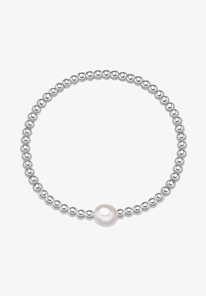 Silberne Perlenarmband mit einer einzelnen weißen Perle. Das Design besteht aus gleichmäßigen, sphärischen Perlen mit einer glatten Oberfläche.