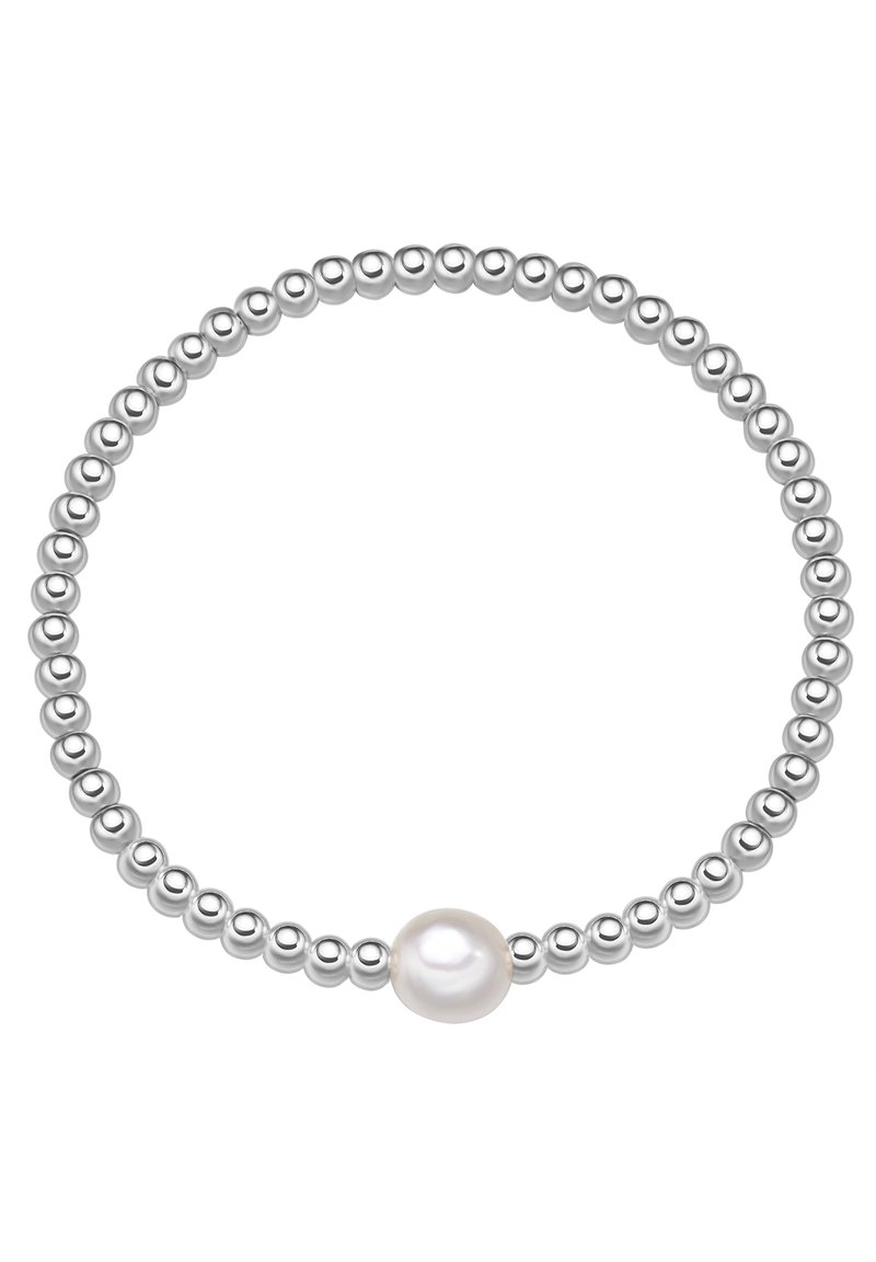 Bracciale con perline d'argento che presenta una singola perla bianca. Il design è composto da perline sferiche uniformi con una texture liscia.