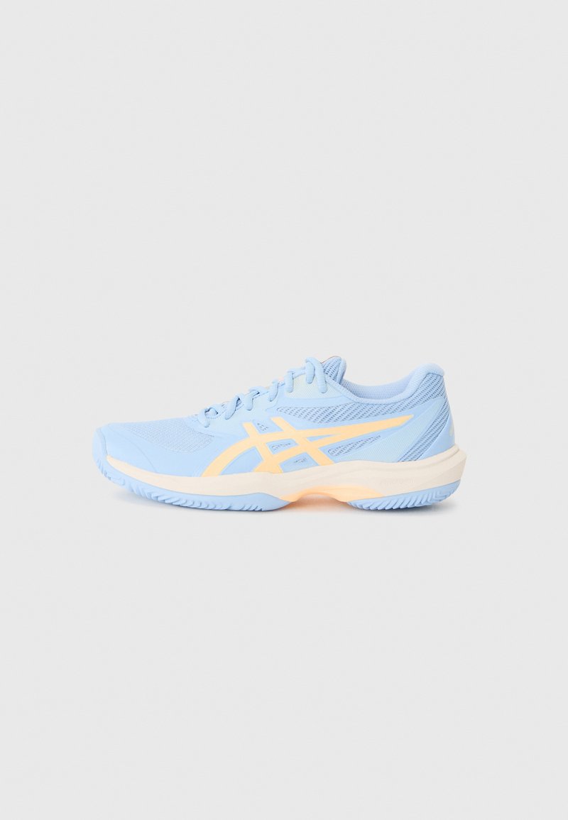 Light blue athletic shoe with a textured upper, reinforced toe, orange accents, and a cushioned sole for support. Side logo visible.
