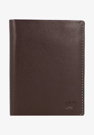 Brown leather wallet with pebbled texture, bi-fold design, and contrasting gray stitching, featuring a small emblem on the lower right corner.