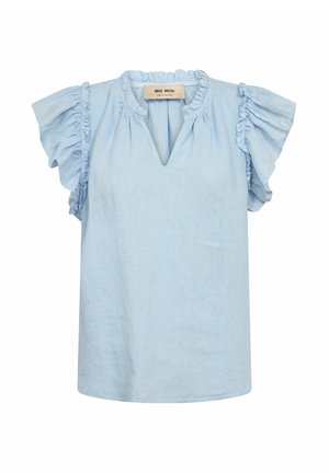 Lichtblauwe blouse met korte mouwen, ruches aan de mouwen en een kleine V-hals, gemaakt van lichtgewicht stof.