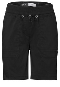 Pantaloni shorts neri realizzati in tessuto leggero, dotati di vita elastica, cordoncino e due tasche laterali. Design semplice senza motivi.