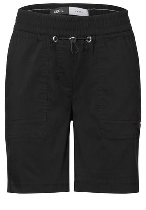 Czarne szorty wykonane z lekkiego materiału, z elastycznym paskiem w talii, sznurkiem oraz dwiema bocznymi kieszeniami. Prosty design bez wzorów.