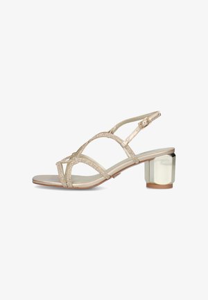 Sandalo beige con cinturini e fibbia regolabile, decorato con piccoli strass e tacco largo lucido.