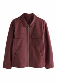 Burgundy jacket made of smooth fabric, featuring a pointed collar, front zip, two chest pockets, and side hand pockets.