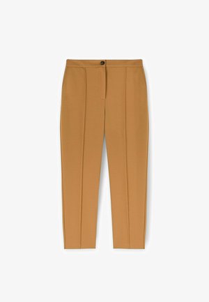 Tan kalhoty vyrobené z hladké tkaniny s dobře padnoucím střihem, s předními záhyby, zapínáním na knoflík a bočními kapsami.