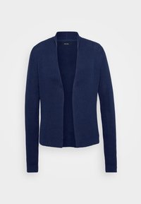 Marineblå cardigan med ribbet tekstur, åpen frontdesign, lange ermer og ingen lukking. Casual, lett strikket materiale.