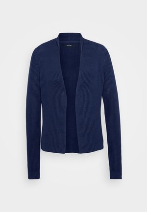 Marineblauer Cardigan mit gerippter Textur, offenen Vorderseite, langen Ärmeln und ohne Verschlüsse. Lässiges, leichtes Strickmaterial.
