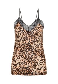 Leopardenmuster-Camisole mit schwarzer Spitze am V-Ausschnitt und dünnen verstellbaren Trägern.