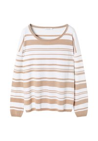 Riba koes valges ja heleses pruunis, ümmarguse kaelusega ja pikkade varrukatega. Kootud tekstuuriga, kus vahelduvad laiad ja kitsad triibud.