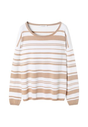 Maglione a righe in bianco e marrone chiaro, con scollatura rotonda e maniche lunghe. Tessuto a maglia con righe larghe e strette alternate.