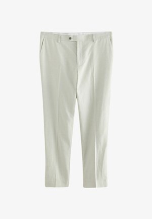 Light beige trousers made of smooth fabric, featuring a flat front, side pockets, and a single button closure. Tailored straight leg design.